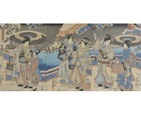 *Kunisada (Utagawa, 1786-1865). Winter, with Prince Genji and attendants in a snow-covered palace garden, circa 1849-50,  oba