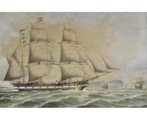 Marine School. Portrait of a British merchantman, circa 1850, watercolour three masted square rigged merchantman in full sail