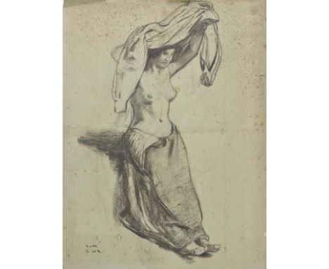 *Hofmann (Ludwig von, 1861-1945). Female Nude, black chalk on grey-green paper, full-length portrait of a young lady, semi-nu