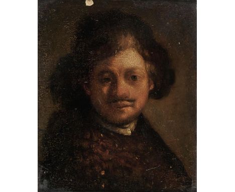 *Rembrandt (Harmensz. van Rijn, 1606-1669). Self Portrait,  19th century oil on wood panel, small chip to top edge, inscribed