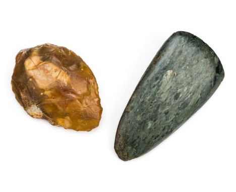 *Axe Head. A Neolithic polished green stone axe head,  16cm long, together with a knapped flint axe hand axe, 12cm long  (2)