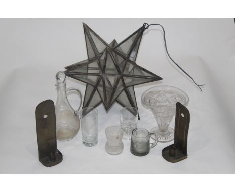 Box of glass and metal star lamp shade, decanter, vase etc
