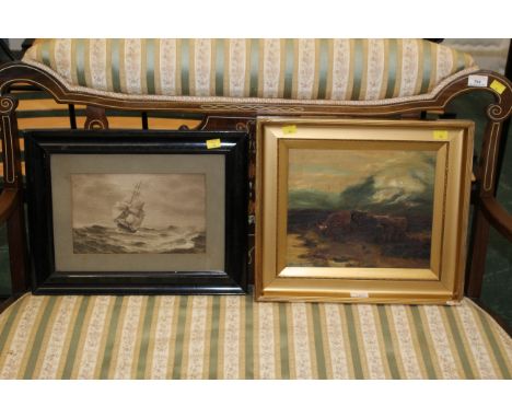 Early 20th century Norman Barraclough Highland Cow oil painting and tall ship print