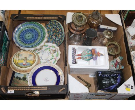 Two boxes of Granger &amp; Co. decorative plates, copper and brass oil lamp, Specimen fishing reel etc