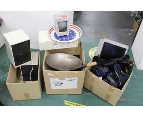 Three boxes of roller blades, pans, speakers