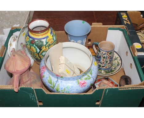 Box of Wedgwood vase, Shelley floral planter, opera glasses etc