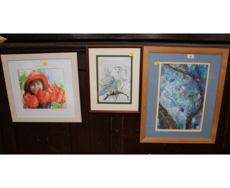 A vibrant watercolour of a smiling female, a Hiebert Owl print &amp; a watercolour of cats