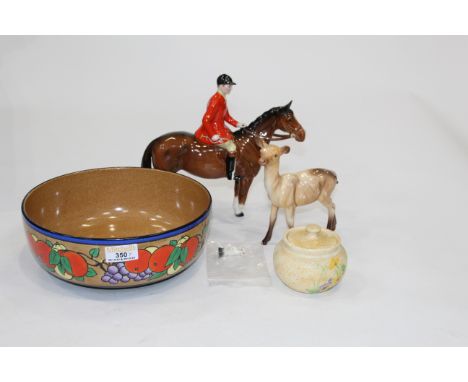 Fruit pattern bowl, Beswick fawn, Beswick huntsman and Radford lidded dish