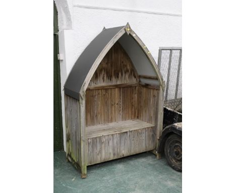 Outdoor arch topped garden bench, timber with metal roof, height 210 cm, width 140 cm, depth 70 cm 