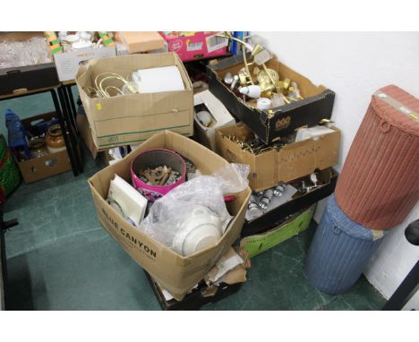 Large quantity of modern light fittings, crockery, tools etc