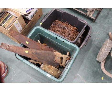 Three boxes of tools, nails, saws