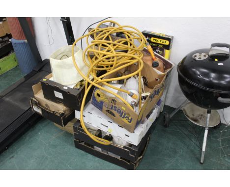 Large quantity of modern light fittings, hose, TV wall bracket, toilet seats, garden trug etc