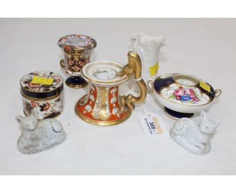 Chamberstick, Art Deco style Worcester leaf jug, Royal Crown Derby vase, 2 miniature cat ornaments, etc   