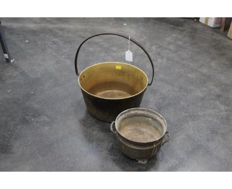 Large brass jam pan and two handled brass planter 