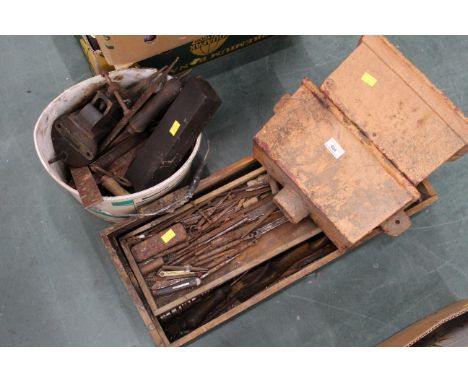 Two metal rain hoppers and 2 boxes of tools, vices etc