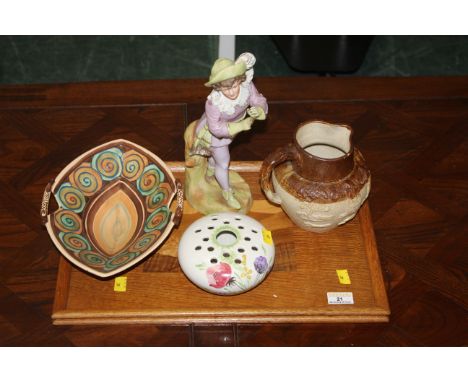 Oak inlaid tray, Royal Cauldon Radford rose bowl, stoneware jug and a continental figurine 