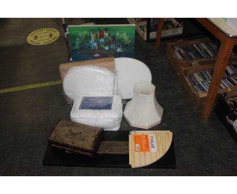 Two canvas prints, box of lamp shade, quilted mattress protector, dome topped box, 2 new toilet seats etc