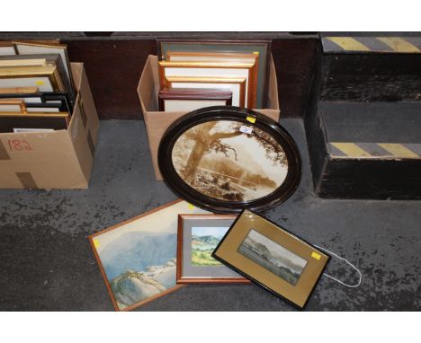 Framed cattle at lake print and box of prints to include Heaton Cooper