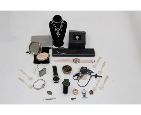 Box of mother of pearl spoons, costume jewellery, compact, ladies wristwatches, including Playboy and Gossip 