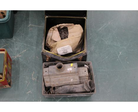 Metal tin of screws, rain hopper etc  