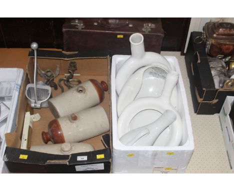 Two boxes of ceramic hot water bottles, bed pans, dinner candles, snake candlesticks &amp; vintage brown suitcase