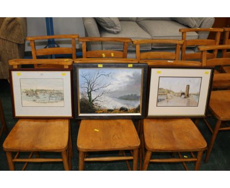 Print of Whitehaven, another harbour print and a woodland painting