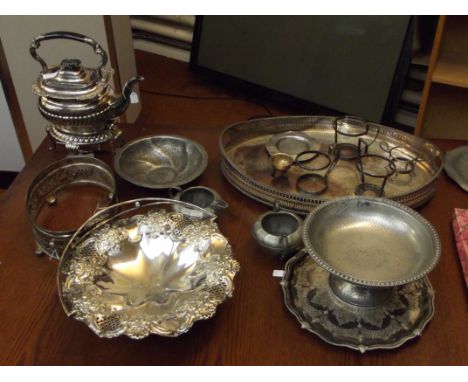 Assorted pewter and plated ware to include a spirit kettle, gallery tray etc 