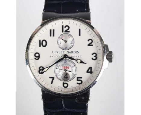 An Ulysse Nardin Marine Chronometer Automatic steel cased gentleman's wristwatch, Ref. 263-66, the signed white dial with bla