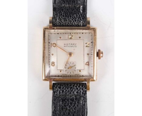 A Rotary Maximus 9ct gold square cased gentleman's wristwatch with unsigned jewelled movement, the signed silvered dial with 