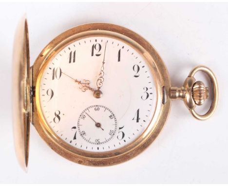 A Swiss 14k gold hunting cased keyless wind gentleman's pocket watch with unsigned jewelled lever movement, the enamelled dia