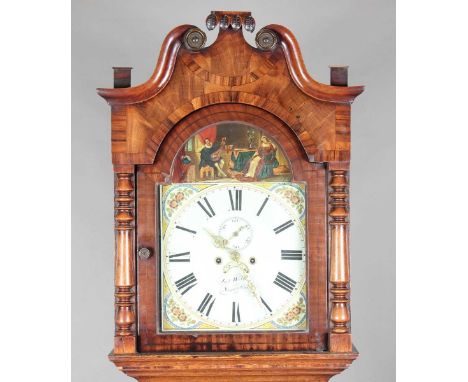 A 19th century oak and mahogany longcase clock with eight day movement striking on a bell, the 14-inch repainted breakarch di
