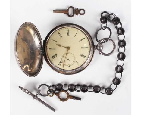 A Victorian silver hunting cased keywind open-faced gentleman’s pocket watch with unsigned gilt fusee lever movement, the bac