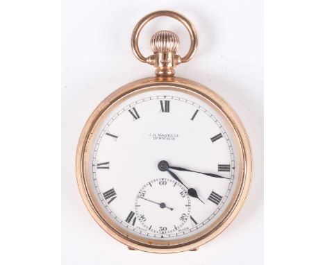 A 9ct gold cased keyless wind open-faced gentleman's pocket watch with unsigned jewelled lever movement, the white enamelled 