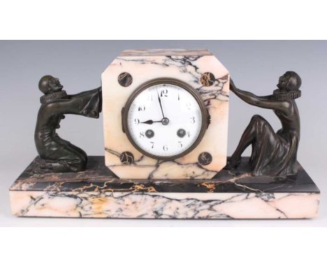 An Art Deco marble and bronze mantel clock with eight day movement striking on a bell, the circular enamelled dial with black