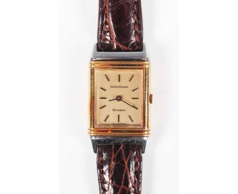 A Jaeger-LeCoultre mini Reverso steel and gold lady's wristwatch, Ref. 140.106.5, the signed gilt dial with baton hour marker