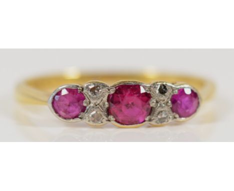 An 18ct gold and platinum vintage diamond and pink gemstone dress ring, P 1/2, 2.3g 