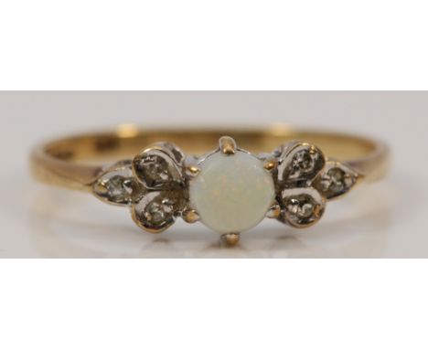 A 9ct gold vintage opal and diamond dress ring, L, 1.1g 