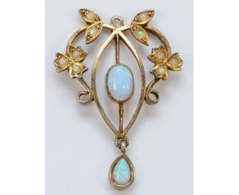 An unmarked 9ct gold and opal Victorian style pendant, lacking bale, 34mm, 2.9gm 
