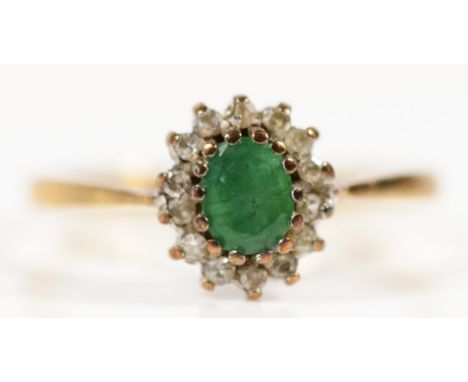A 9ct gold vintage emerald and diamond cluster ring, K 1/2, 1.5g 
