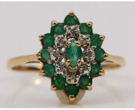 A 9ct gold emerald and diamond cluster dress ring, R 1/2, 2.3g 