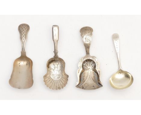 A Victorian silver bright cut shell bowl caddy spoon, by Hilliard &amp; Thomason, Birmingham 1851, a George III silver caddy 