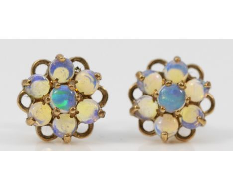 A pair of 9ct gold opal floral cluster earrings with scroll backs, 8mm diameter, 1g 