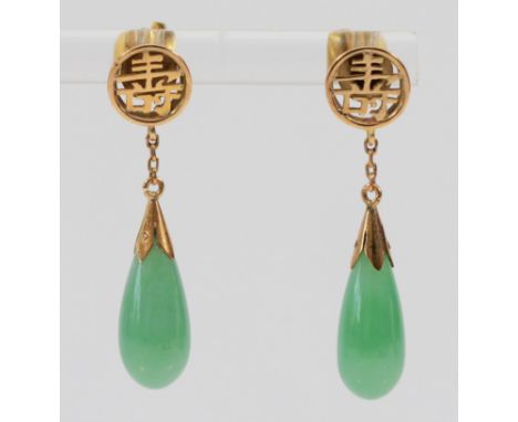 A pair of 9ct gold jade drop earrings with Chinese symbols to the top, 30mm total drop, 3.6g The jade is quite cloudy, earrin