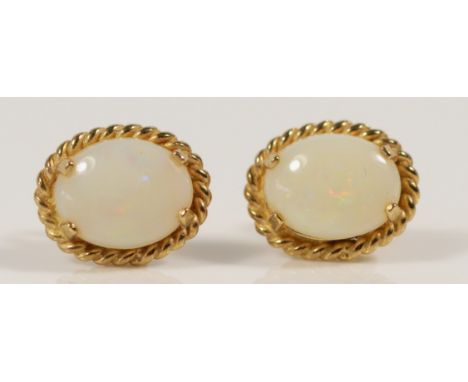 A pair of 9ct gold opal earrings with scroll backs, 12mm, 1.7g 
