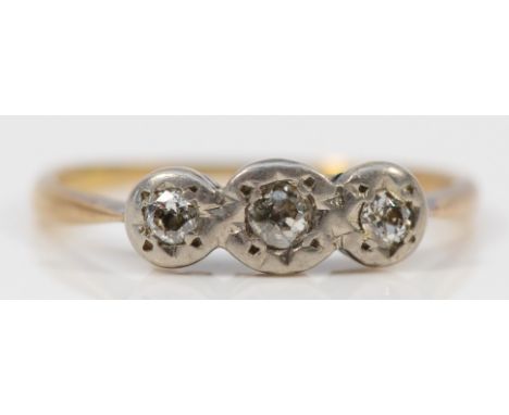 A 9ct gold and platinum bezel set diamond trilogy dress ring, J, 1.3g 