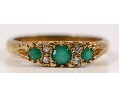 A 9ct gold chrysoprase and cubic zirconia ring with scroll pattern gallery, P, 2.8g 