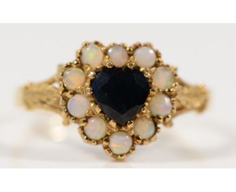 A 9ct gold vintage sapphire and opal heart shaped ring, N 1/2, 1.9g 