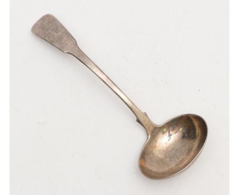 A George IV silver fiddle pattern ladle, by Edward Thomason, Birmingham 1823, later monogram, 16.5cm, 57gm 