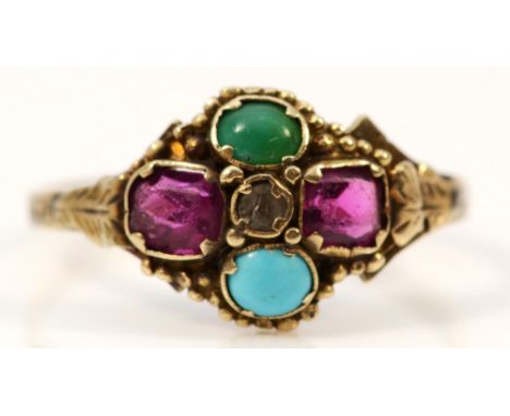 A 9ct gold antique ruby paste and turquoise dress ring, M, 1.1g 