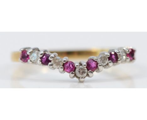 A 9ct gold vintage ruby and diamond wishbone ring, L 1/2, 1.4g 